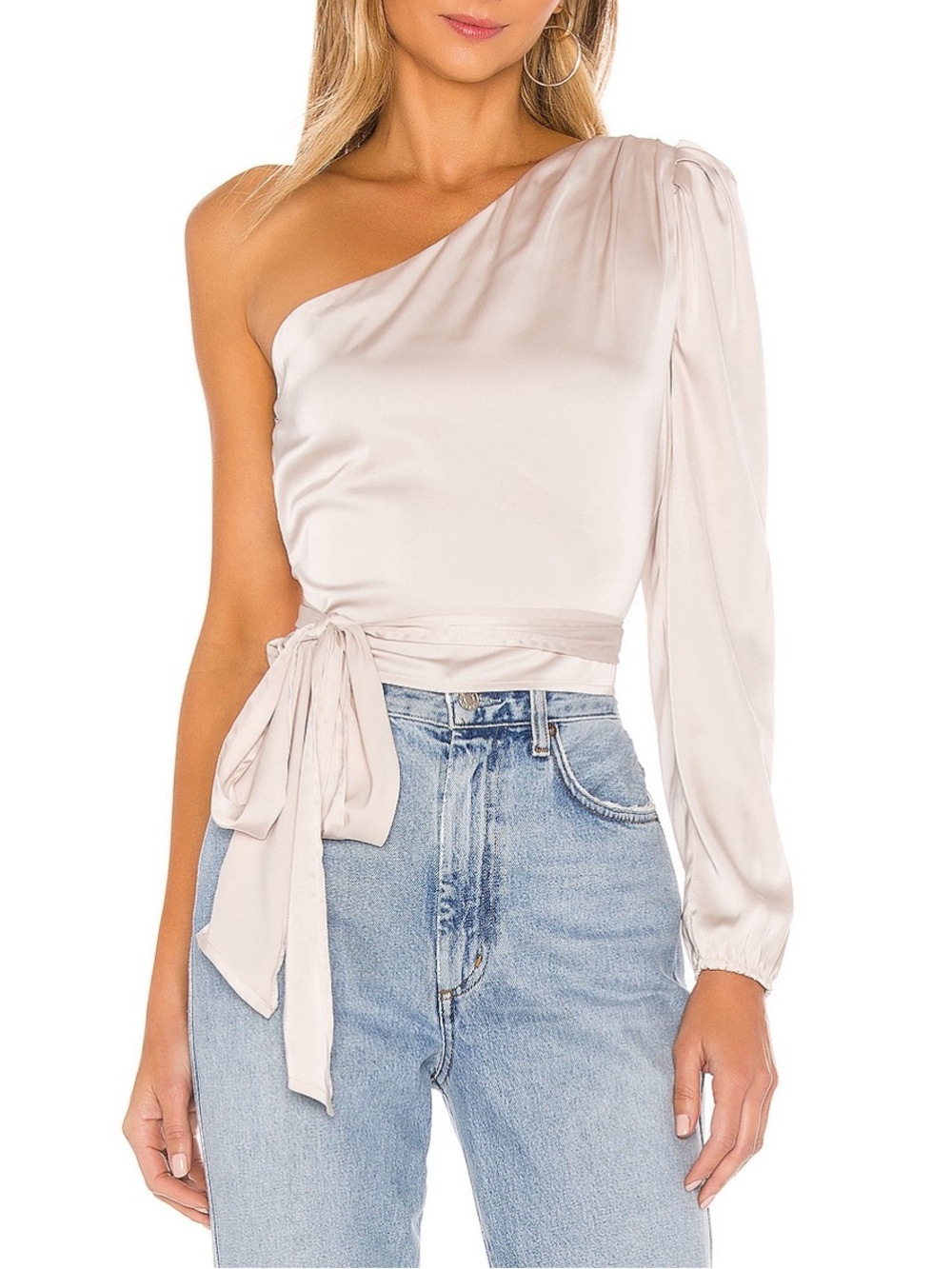 superdown One-Shoulder Satin Wrap Top in Bone XS